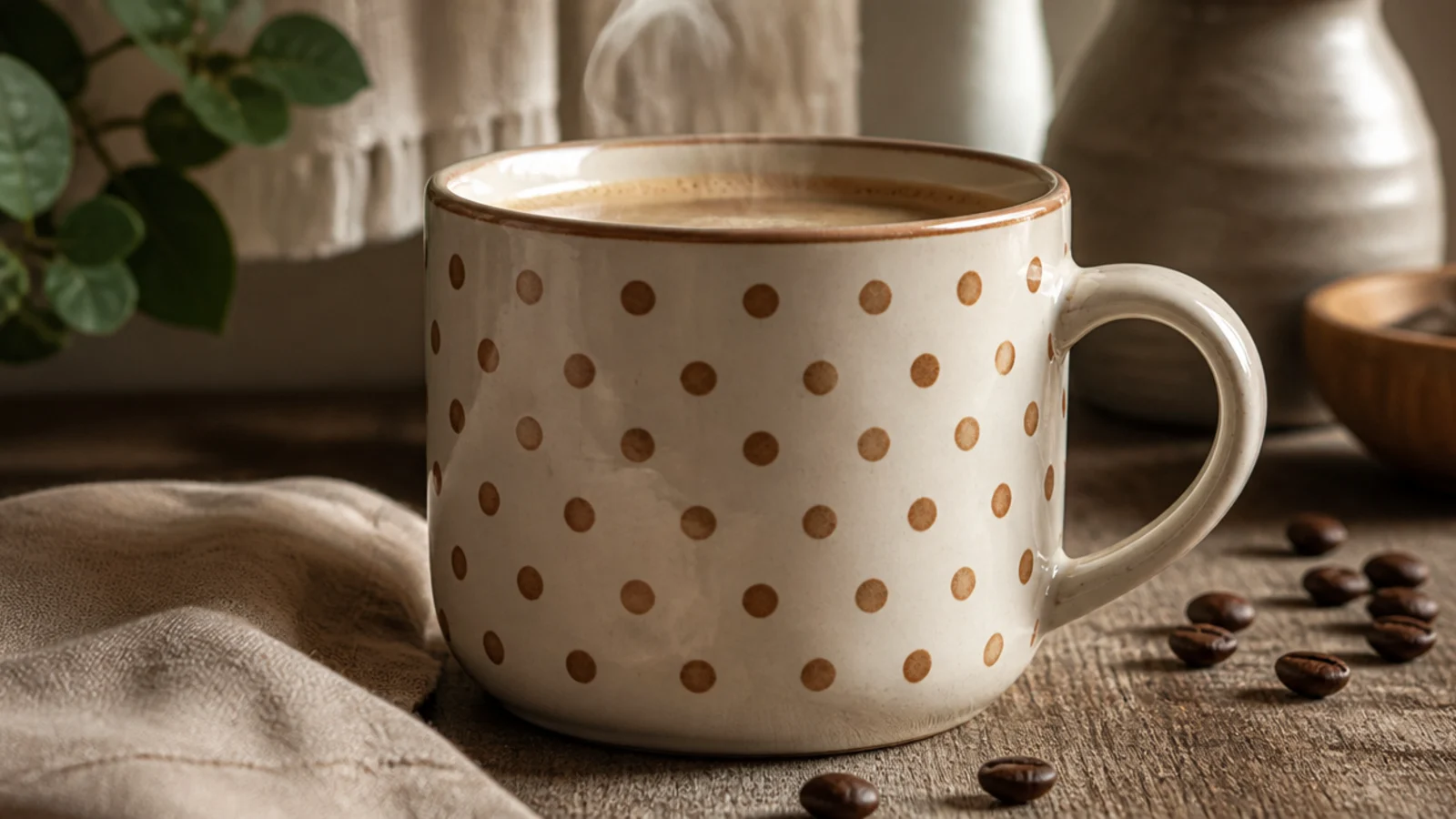 A cream mug covered in an evenly spaced pattern of small terracotta polka dots, uniform and round.