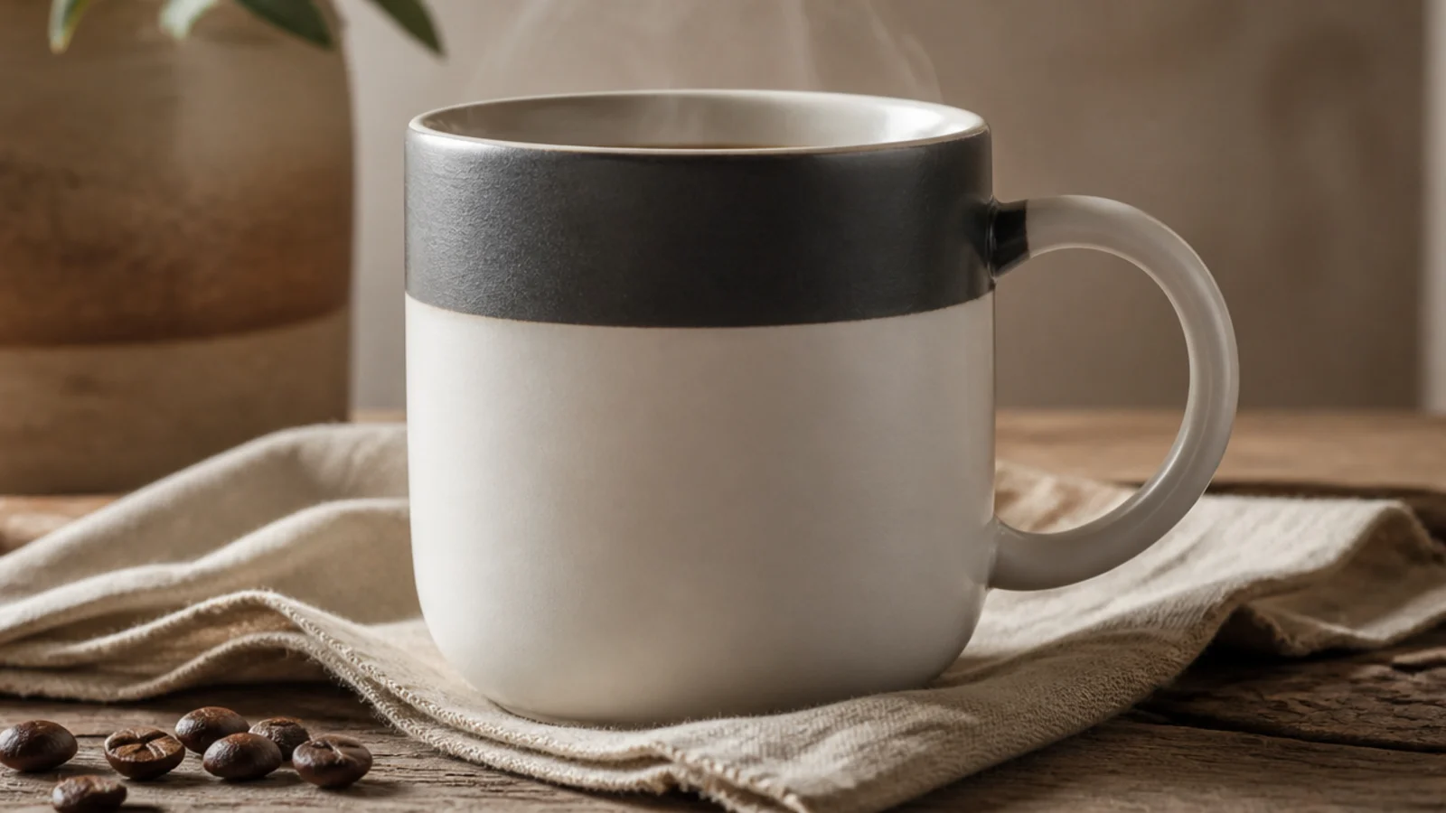 A white mug with the upper third painted a solid charcoal band starting a half-inch below the rim.