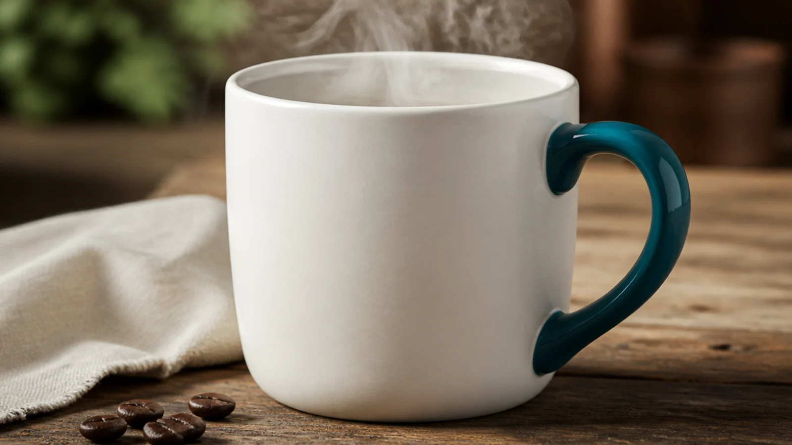 A white mug with only the handle painted a solid teal, the body left white.