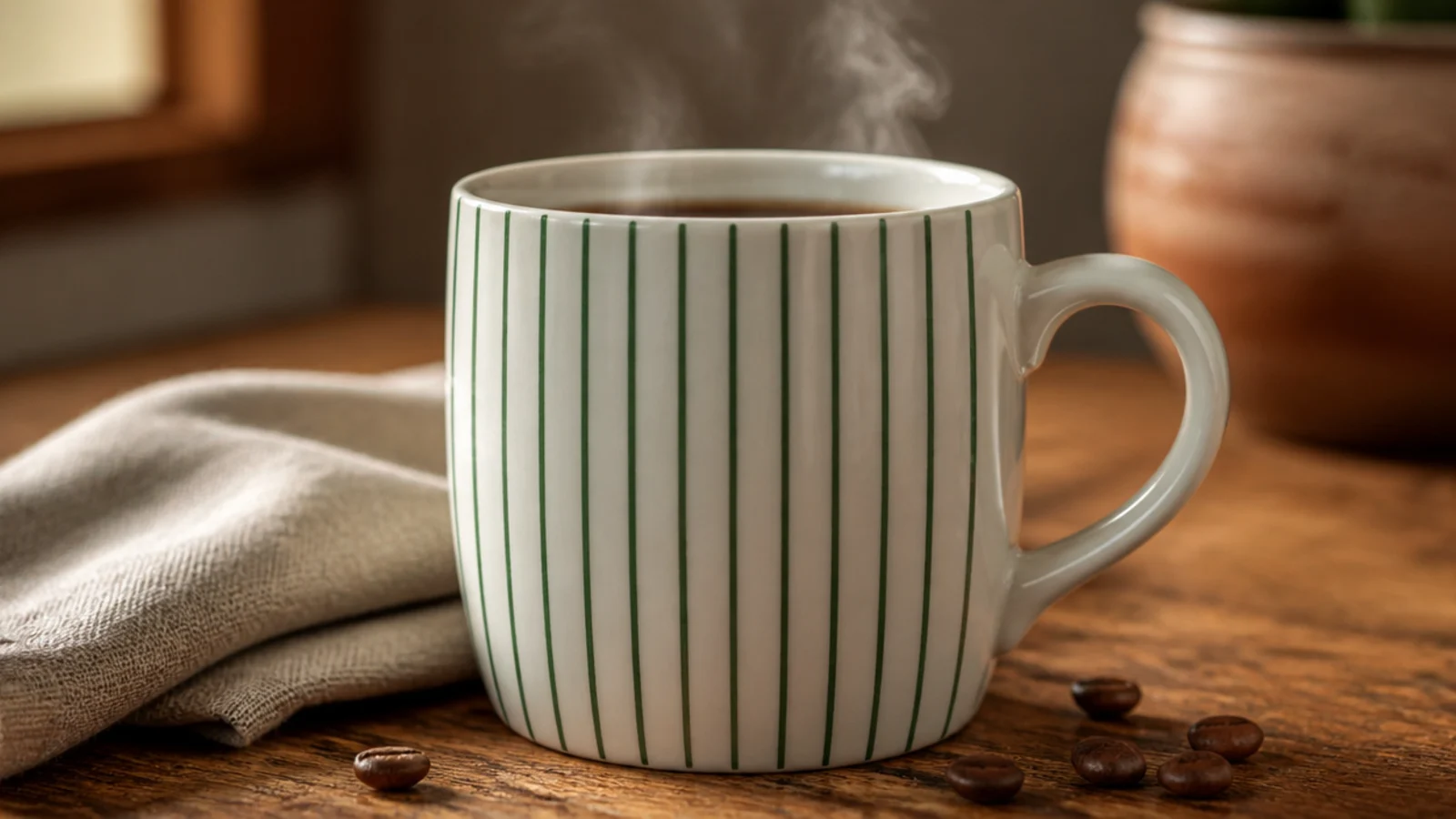 A white mug with evenly spaced thin vertical sage stripes running from below the rim to the base.