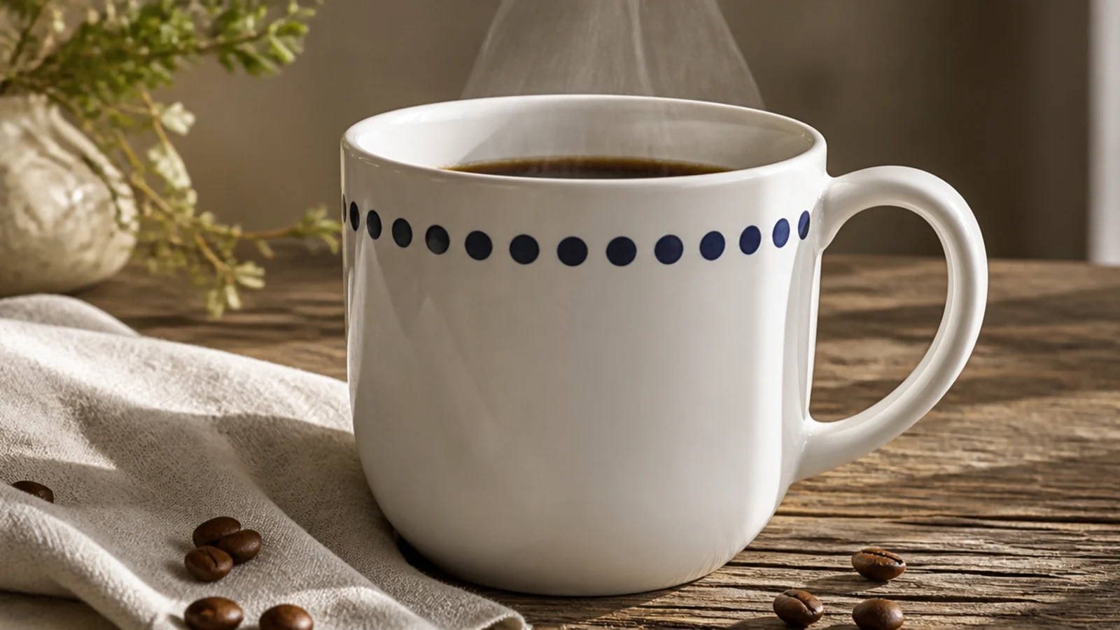 A white mug with one tidy row of evenly spaced navy dots running around the body below the rim.
