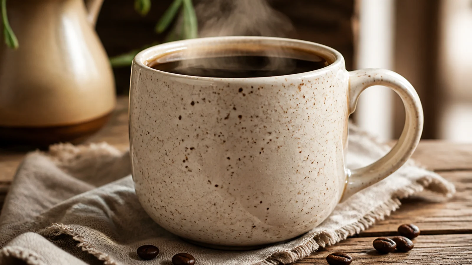 A cream mug covered in fine, evenly scattered dark brown speckles like handmade stoneware.