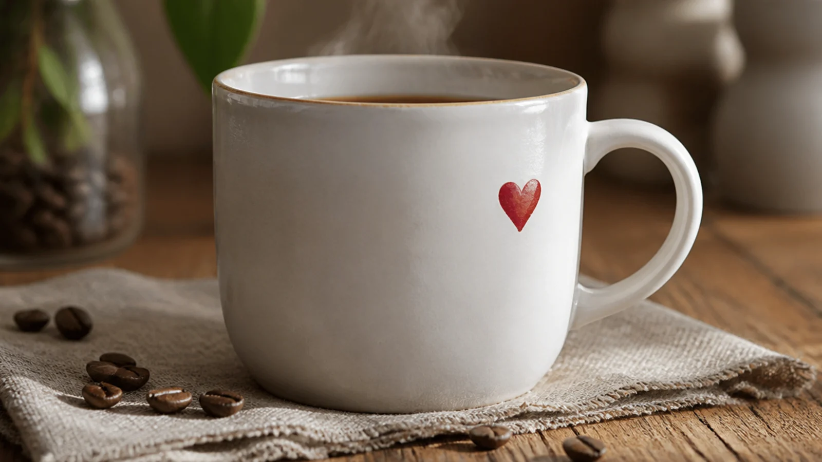 A white mug with one small solid red heart painted beside the handle where a thumb rests.