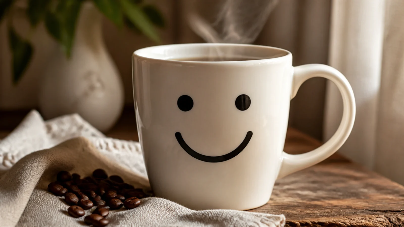 A white mug with a simple black smiley face - two dot eyes and a curved smile - on the front.