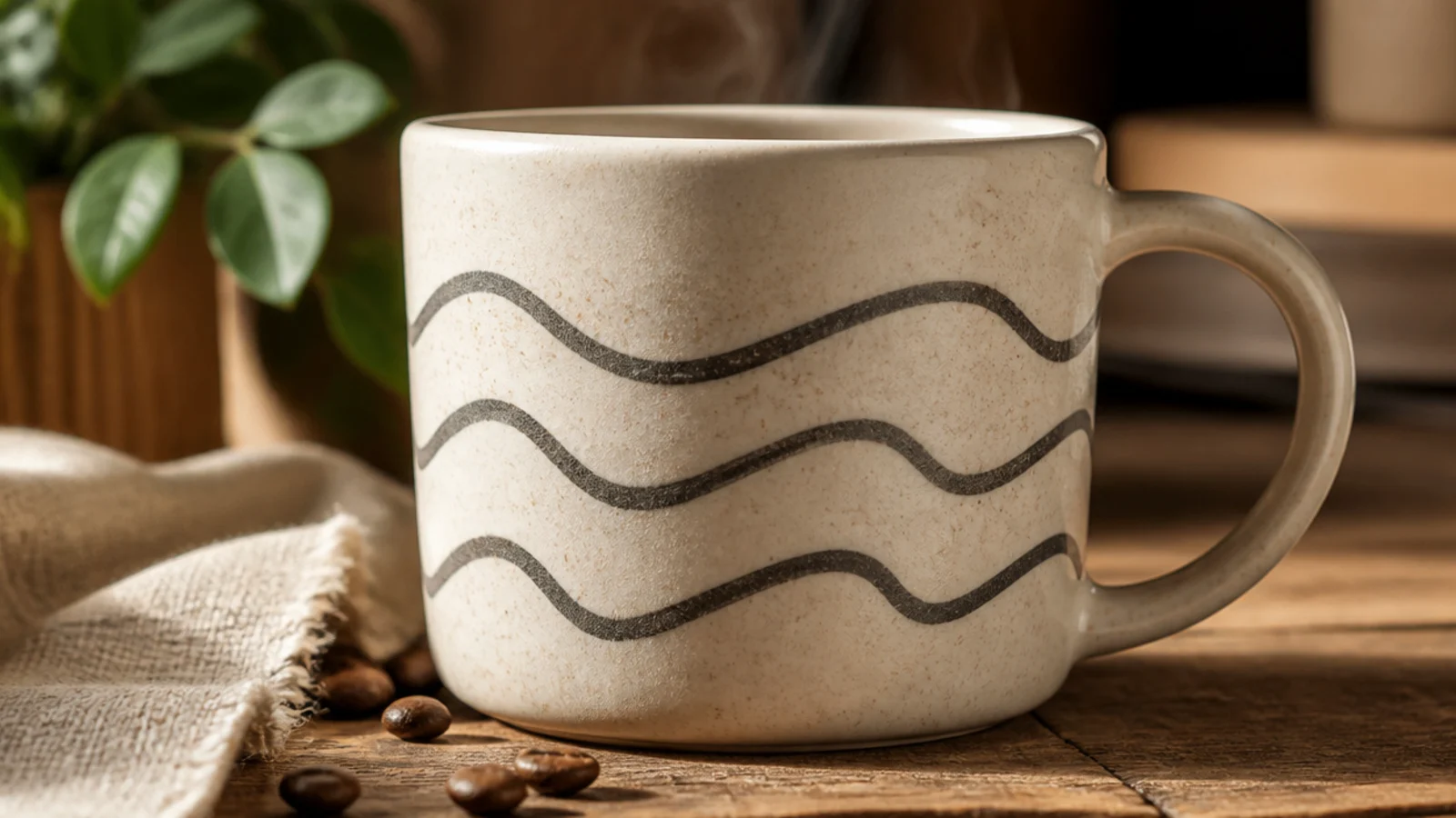 A cream mug with three loose horizontal wavy squiggle lines in charcoal wrapping around the body.