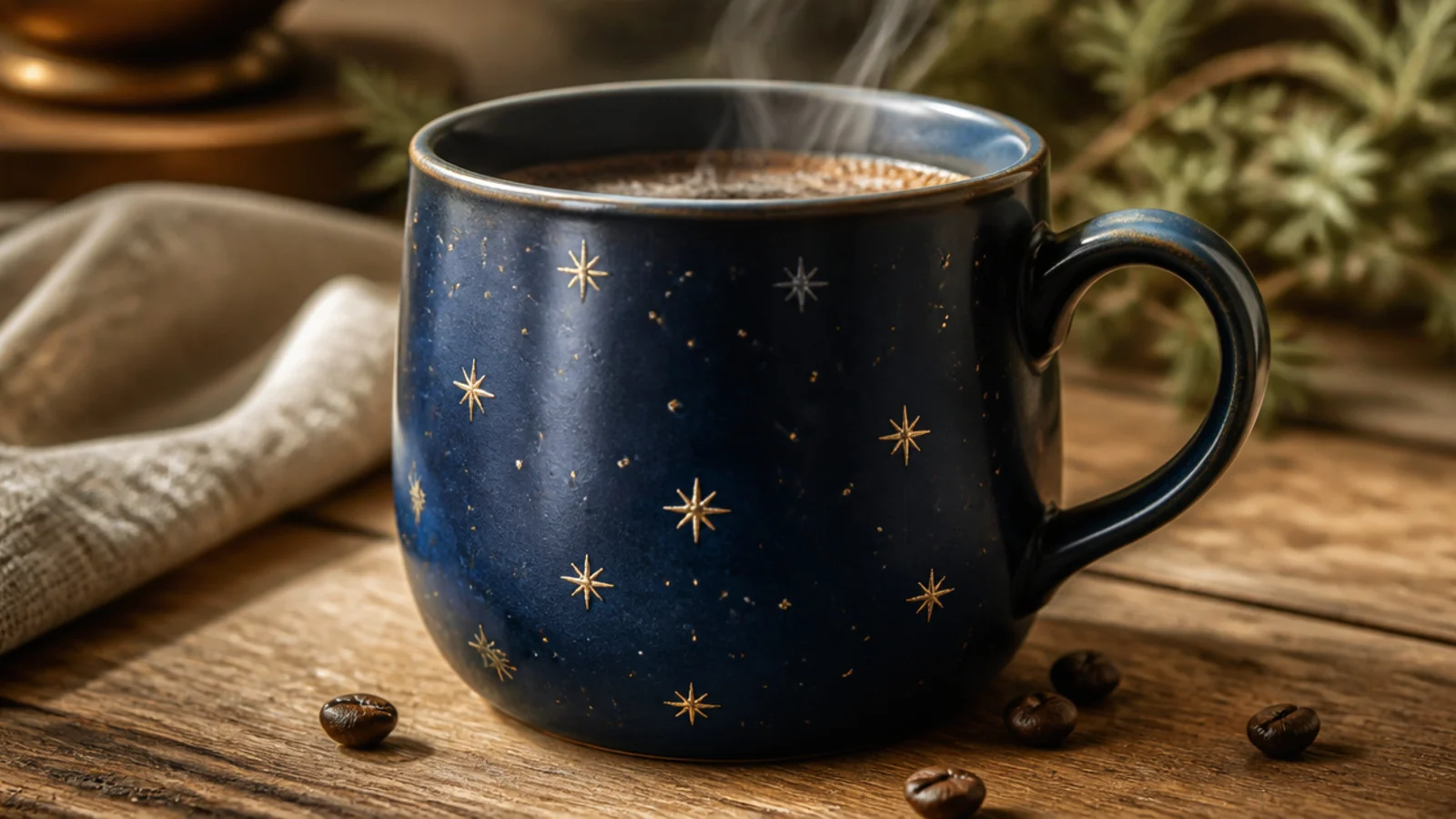 A navy mug with small gold four-point stars and dots scattered across it like a night sky.