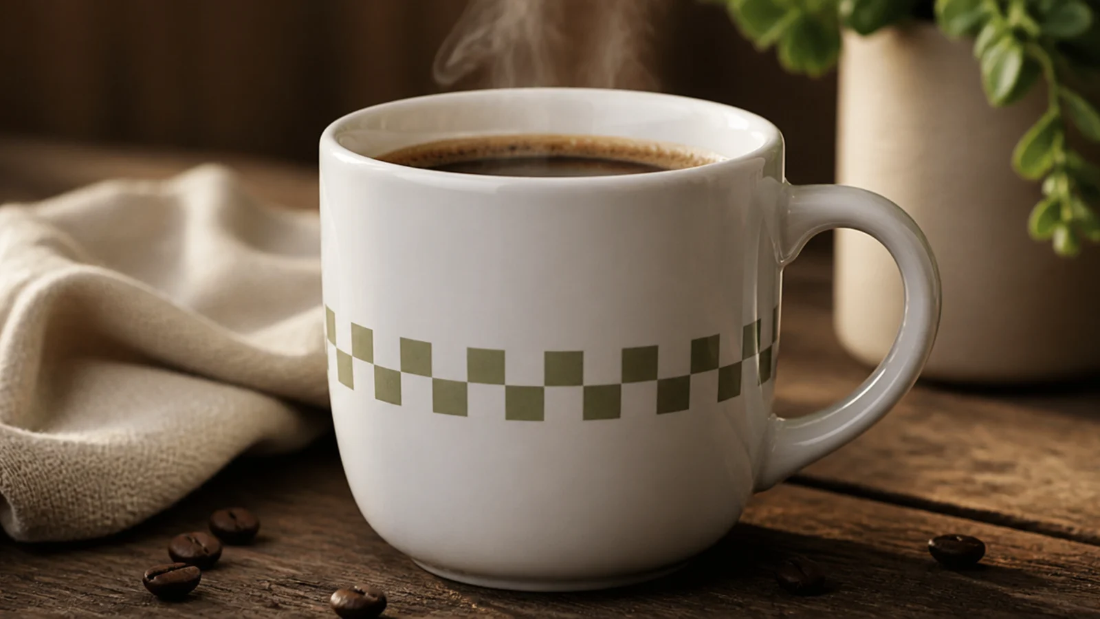 A white mug with a single band of small olive-and-cream checkerboard squares around the middle.