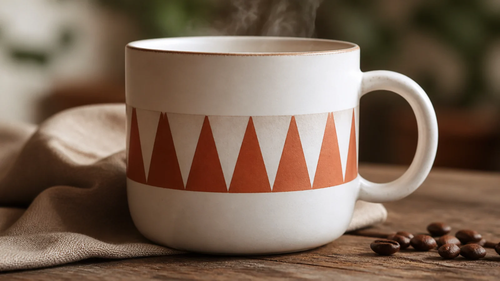 A white mug with a band of crisp alternating terracotta triangles wrapping around the middle.
