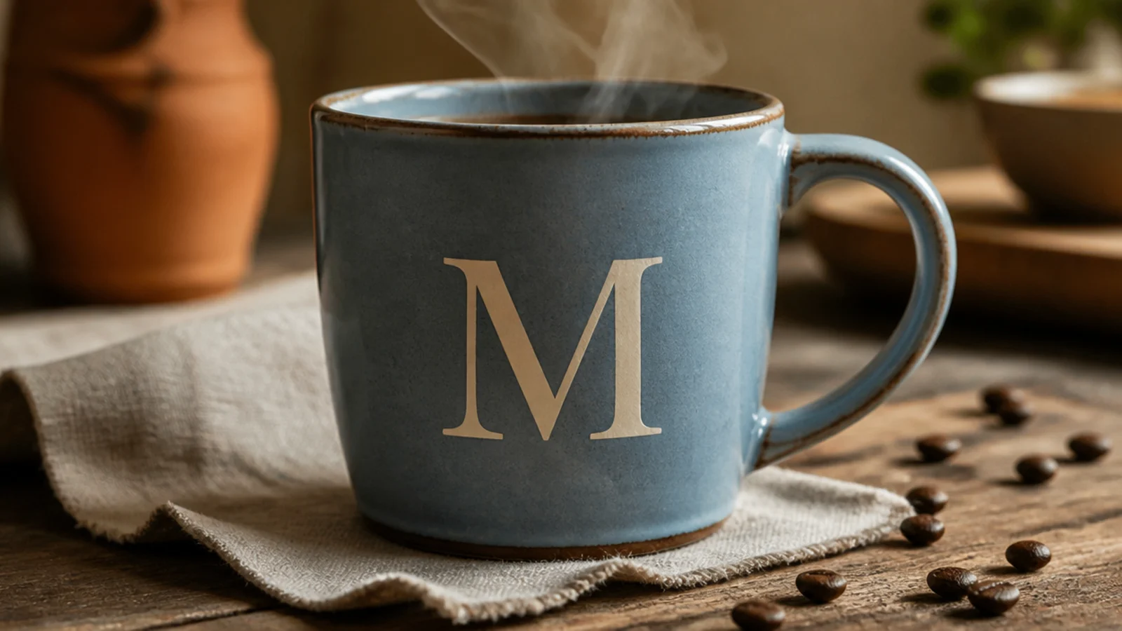 A dusty-blue mug with a single large cream serif initial centered on the front.