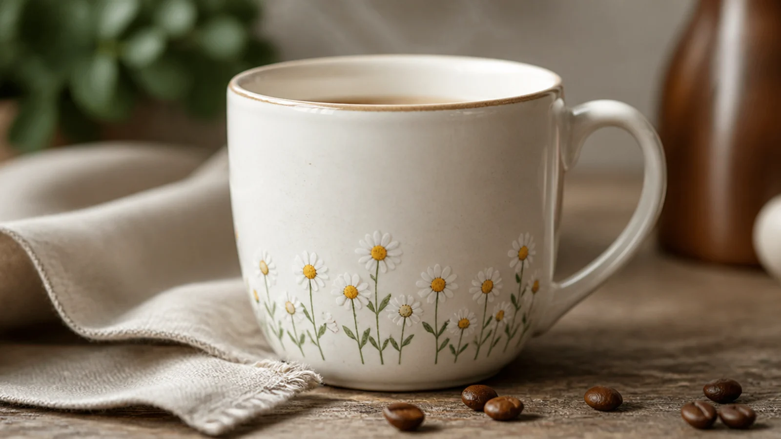 A white mug with a few small hand-painted daisies, white petals around yellow centers, near the base.