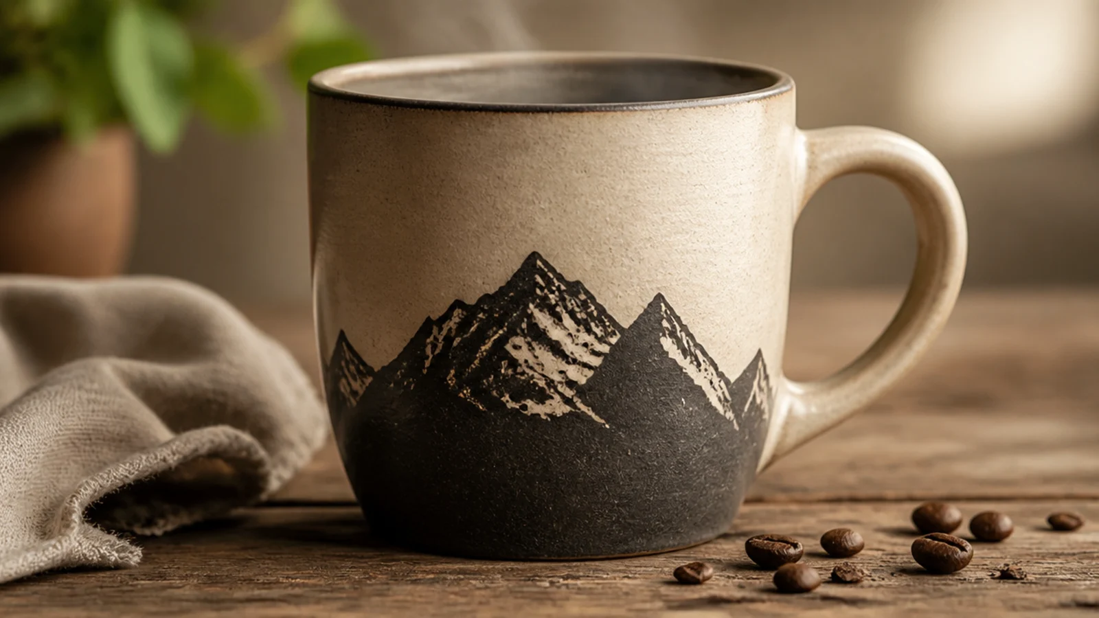 A cream mug with a simple range of charcoal mountain peaks painted as a solid silhouette across the lower front.