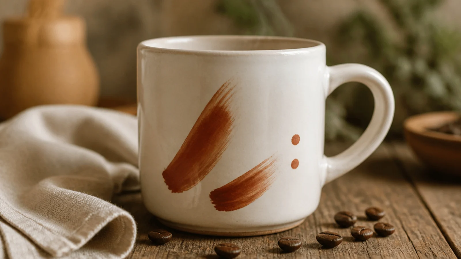 A white mug with a few loose rust-colored brushstrokes and two small dots arranged asymmetrically on the front.