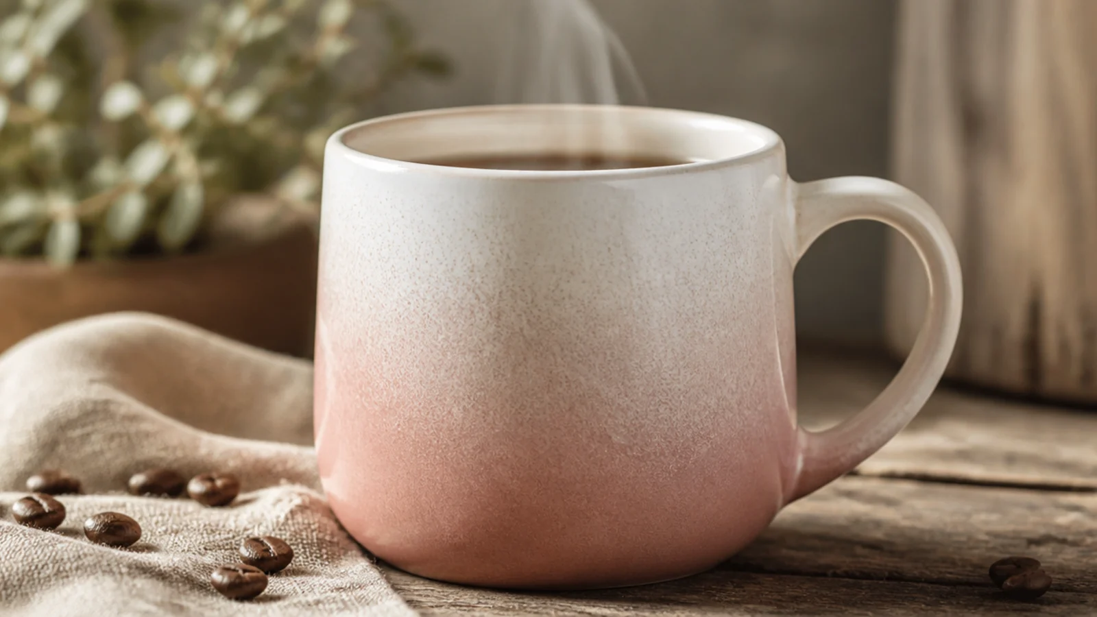 A mug with a soft blush-to-white gradient, blush concentrated at the bottom and fading up, with a sponged texture.