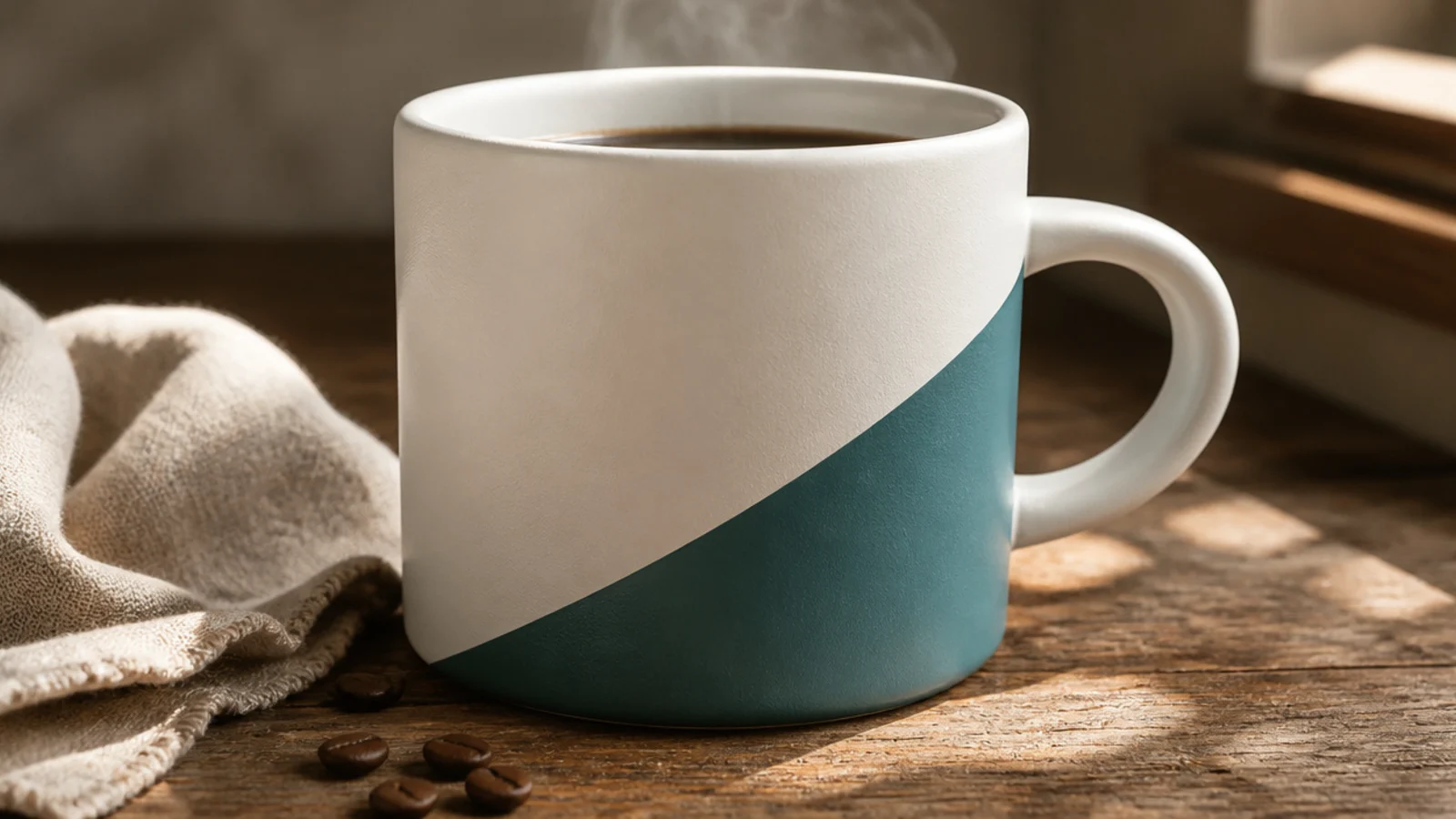 A white mug with the lower corner painted teal along a clean diagonal line across the front.