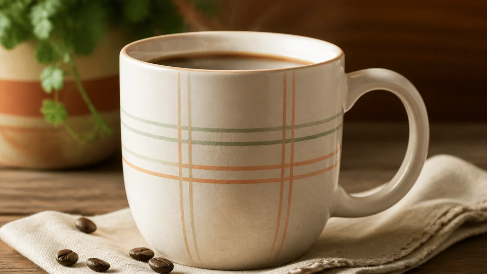 A cream mug with a simple plaid of thin crossing lines in sage and terracotta on the front.