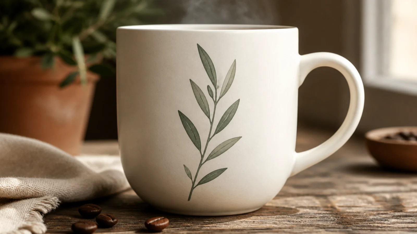 A white mug with one delicate olive-green leafy sprig painted rising from near the base on the front.