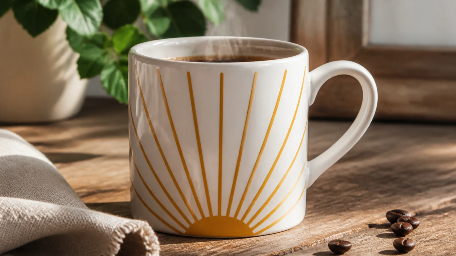 A white mug with short mustard rays fanning upward from a point near the base like a rising sun.