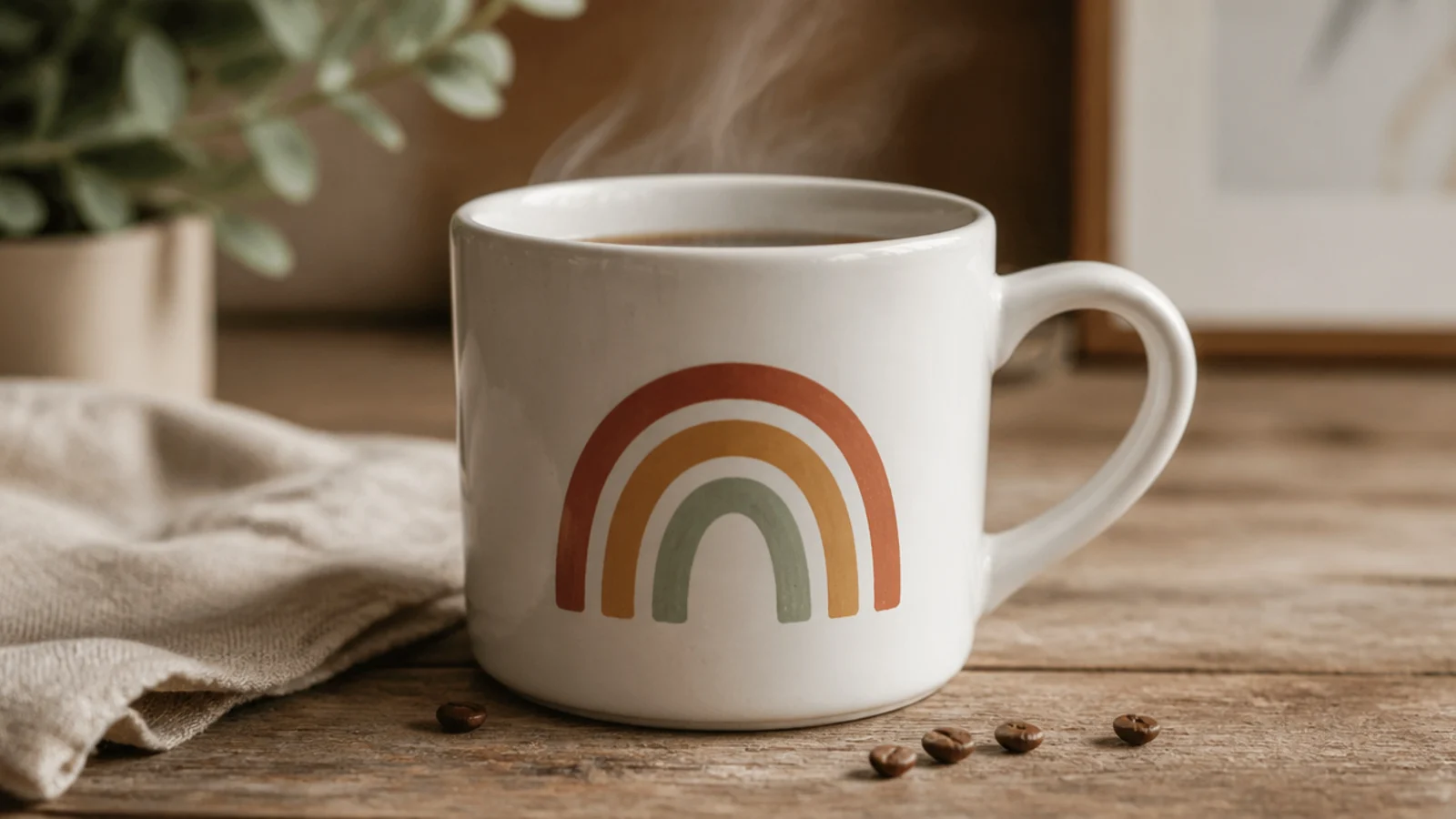 A white mug with a small arch of three muted rainbow bands - terracotta, mustard, and sage - on the front.