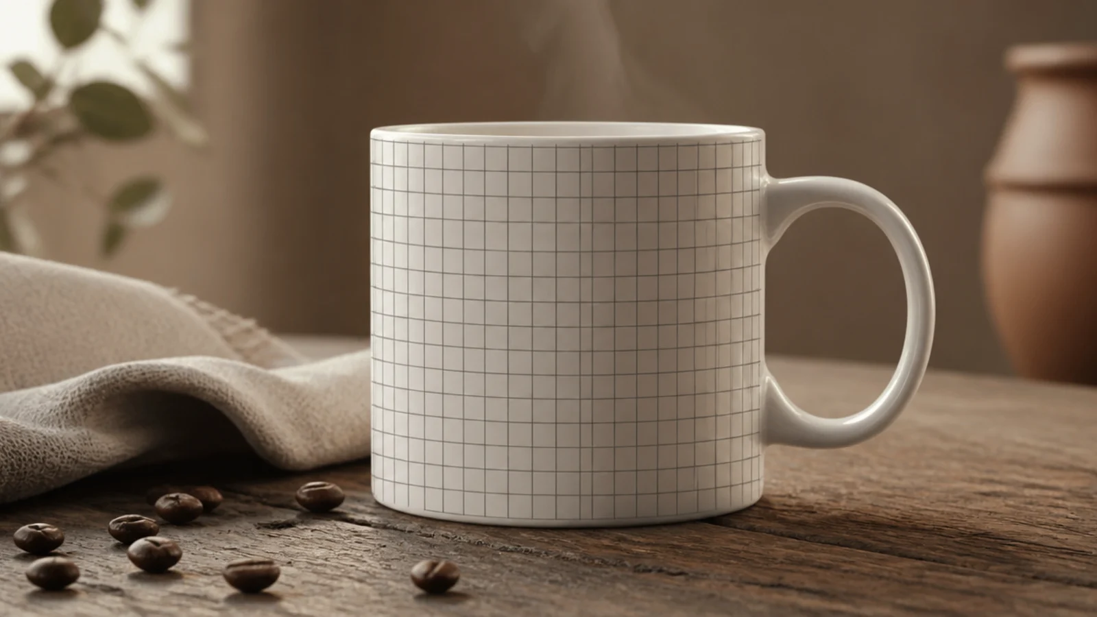 A white mug with a fine evenly spaced grid of thin grey lines across the front like graph paper.
