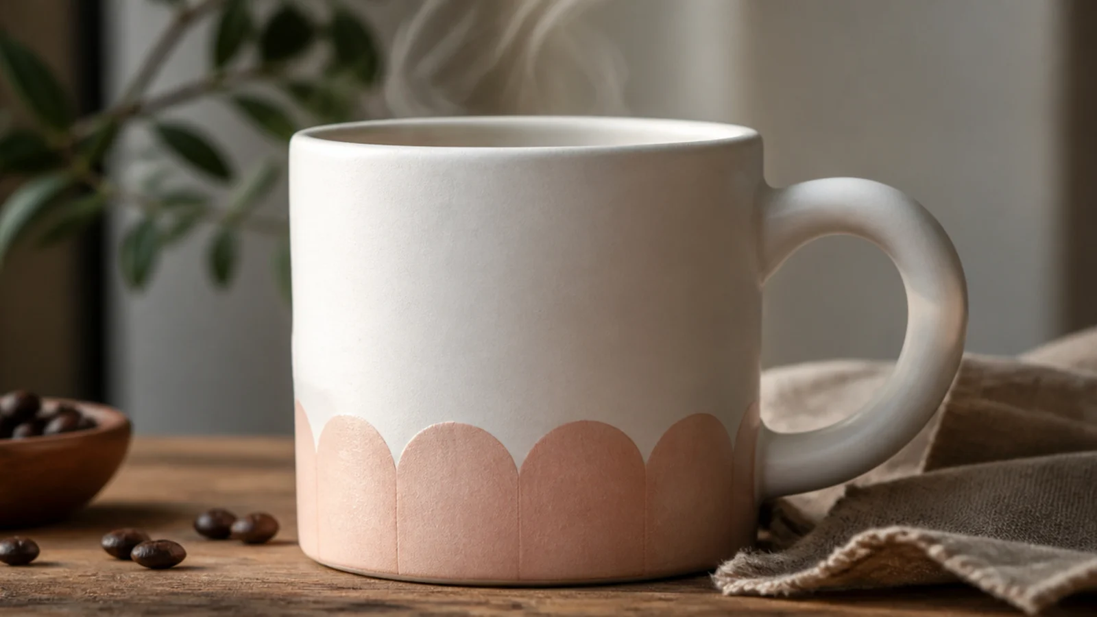 A white mug with a row of evenly sized half-circle scallops painted in blush along the base.
