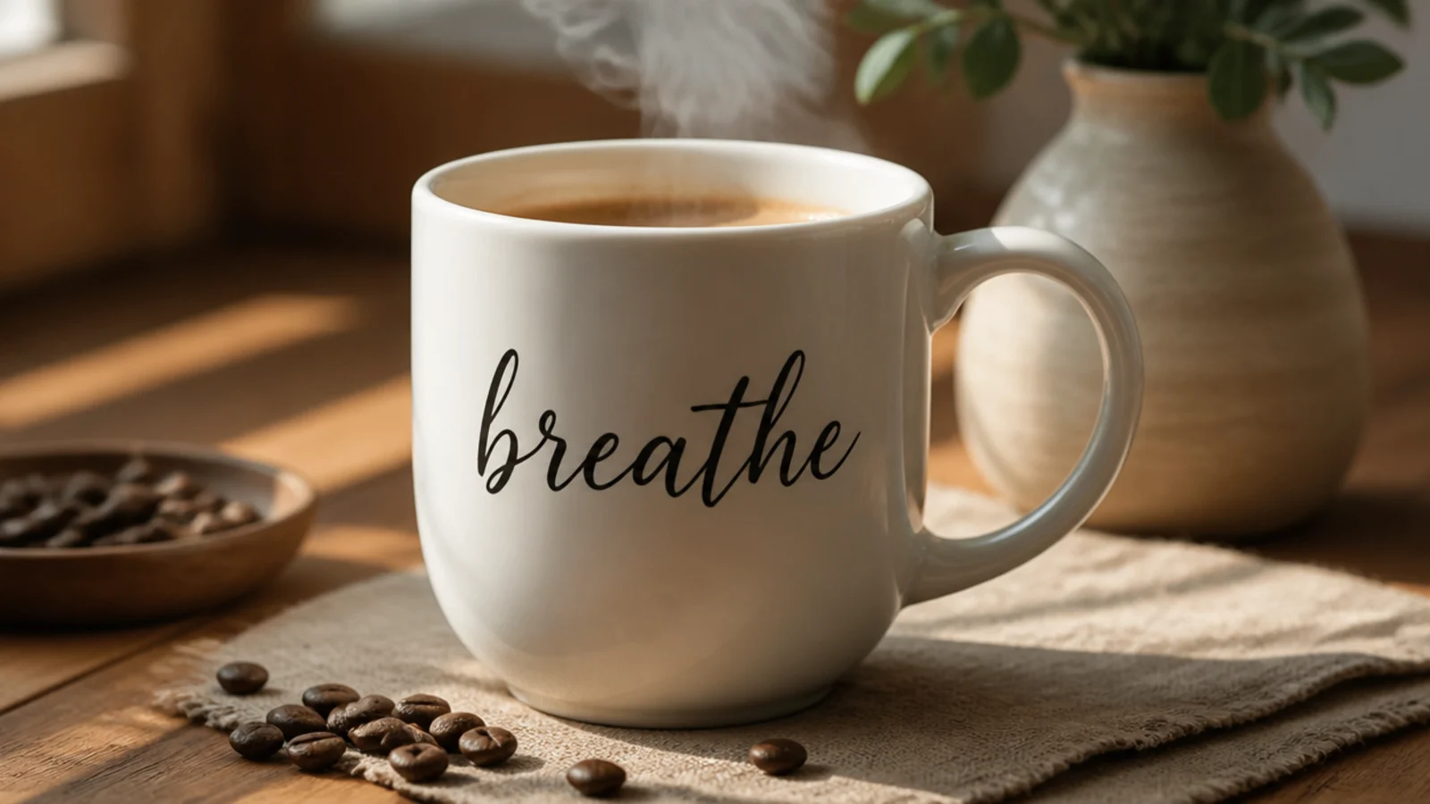 A white mug with a short word written in simple black faux-calligraphy lettering across the front.