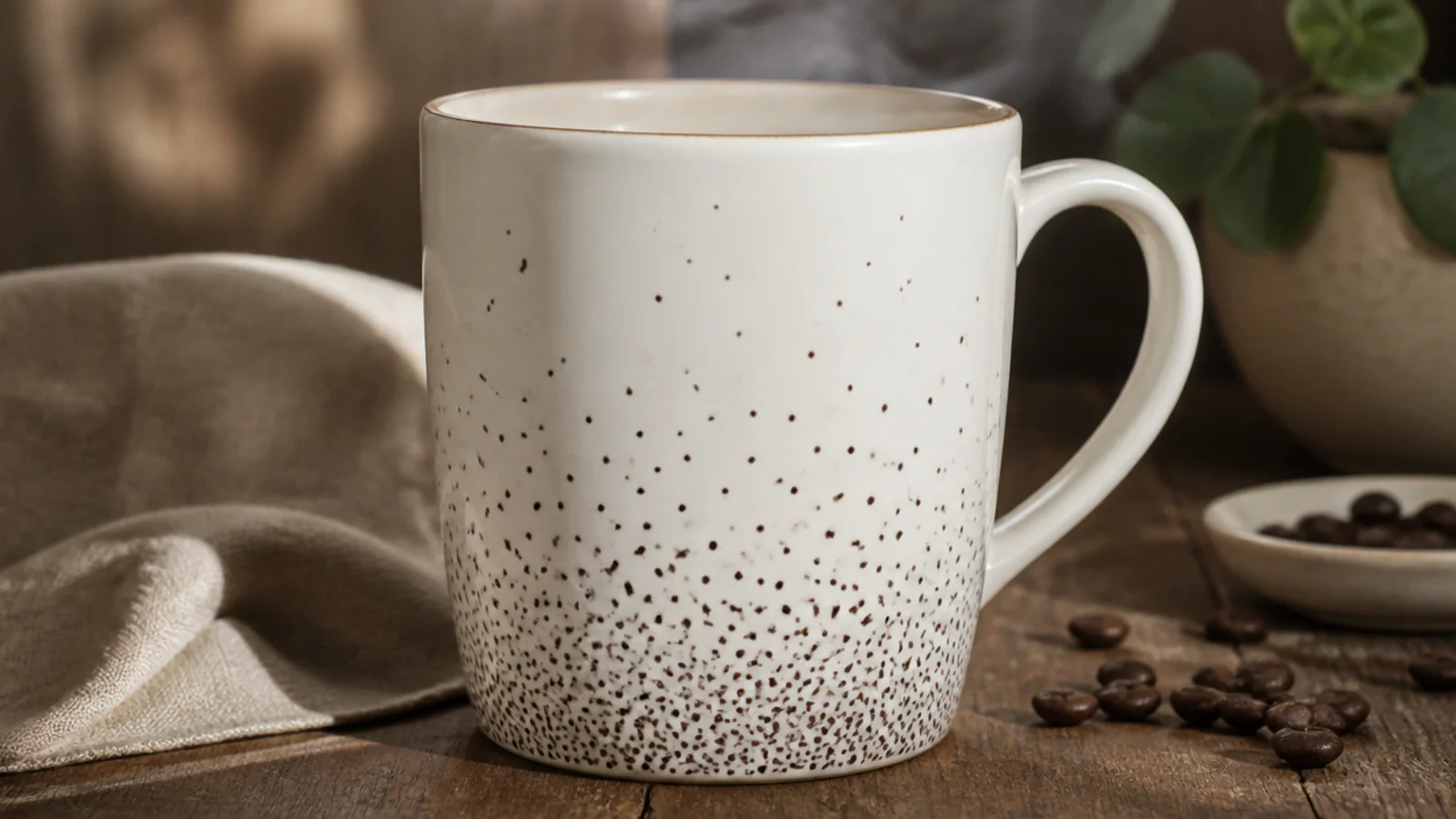A white mug with dots densely packed at the base thinning out as they rise toward the rim.