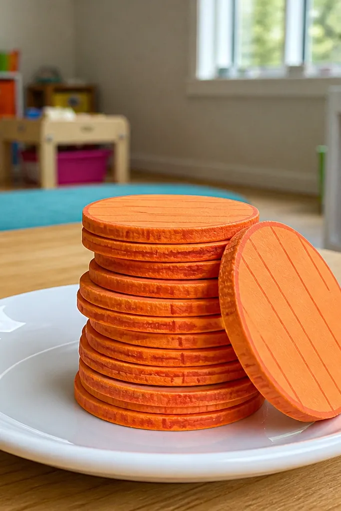 Orange carrot coin slices with darker ridges on brown paper tray