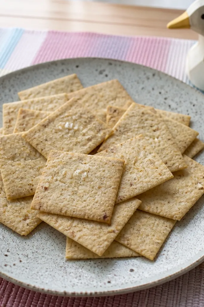 Small beige cracker squares with scattered white salt dots