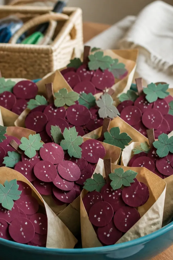 Purple grape clusters made from paper circles with tiny glossy white dots
