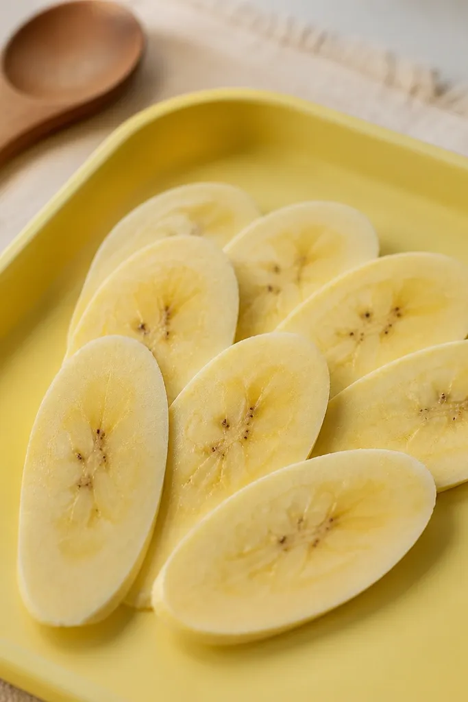 Paper banana slices with yellow centers and brown speckled ends