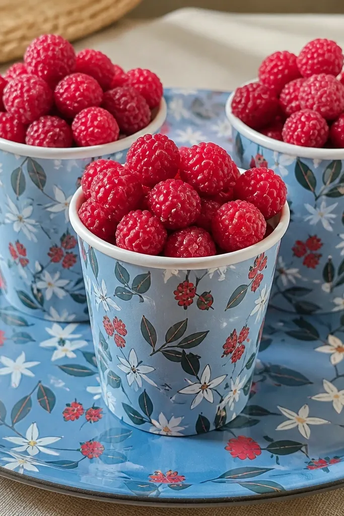 Tiny berry cups with rolled paper rims and red berry dots