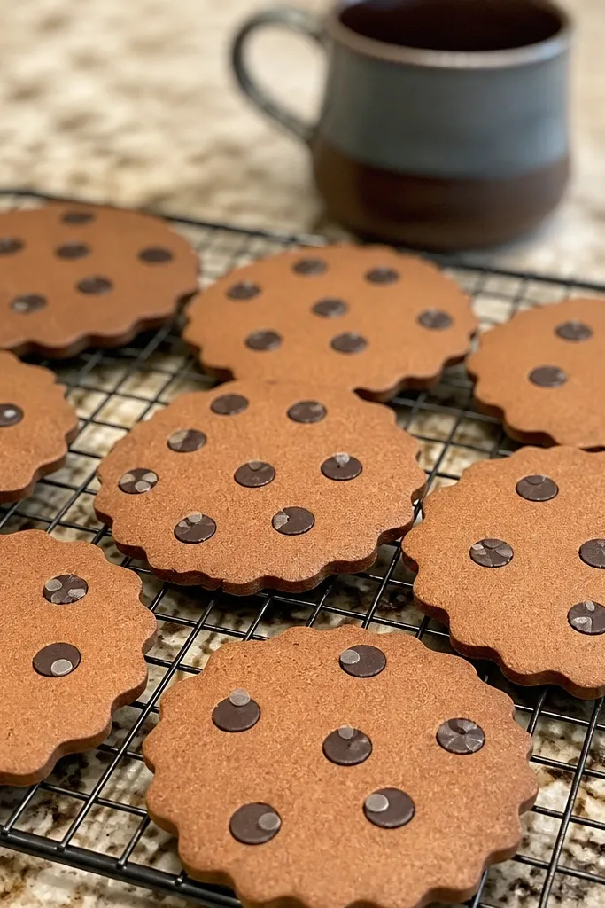 Round paper cookies with wavy edges and black chocolate chip dots