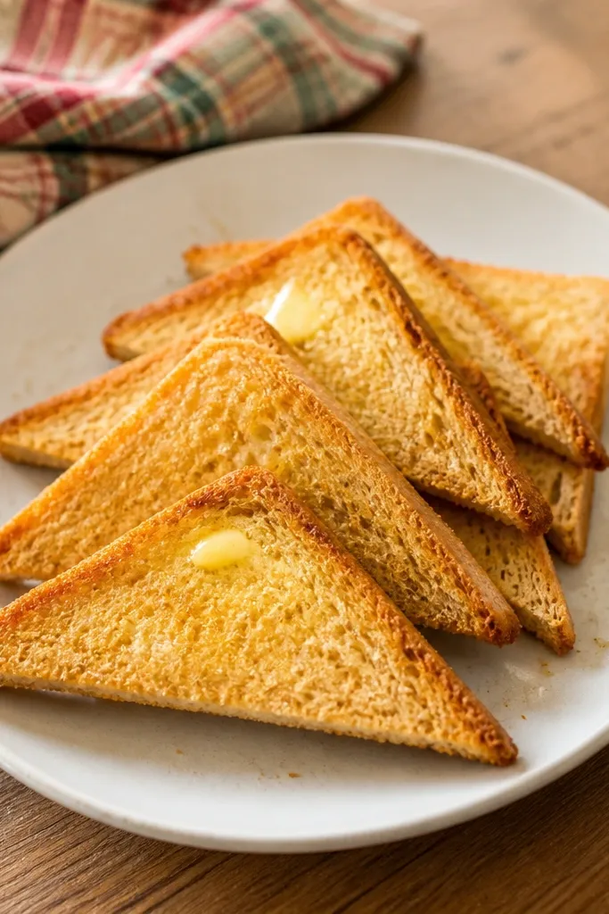 Paper toast triangles with pale yellow butter and small glossy highlights