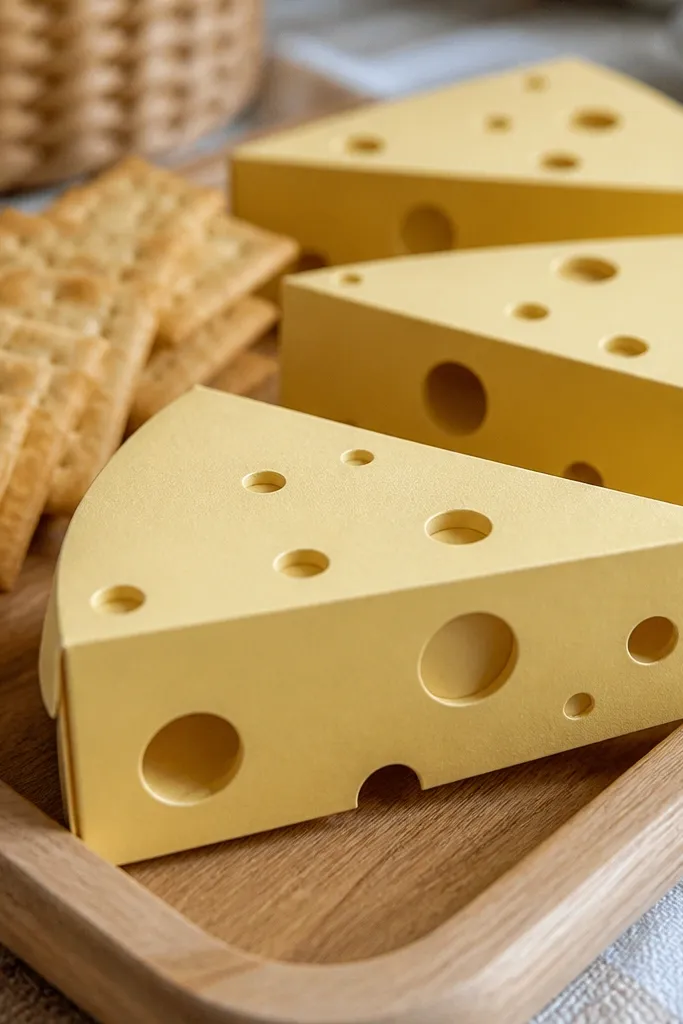 Cheese wedge triangles with irregular holes and pale yellow shading