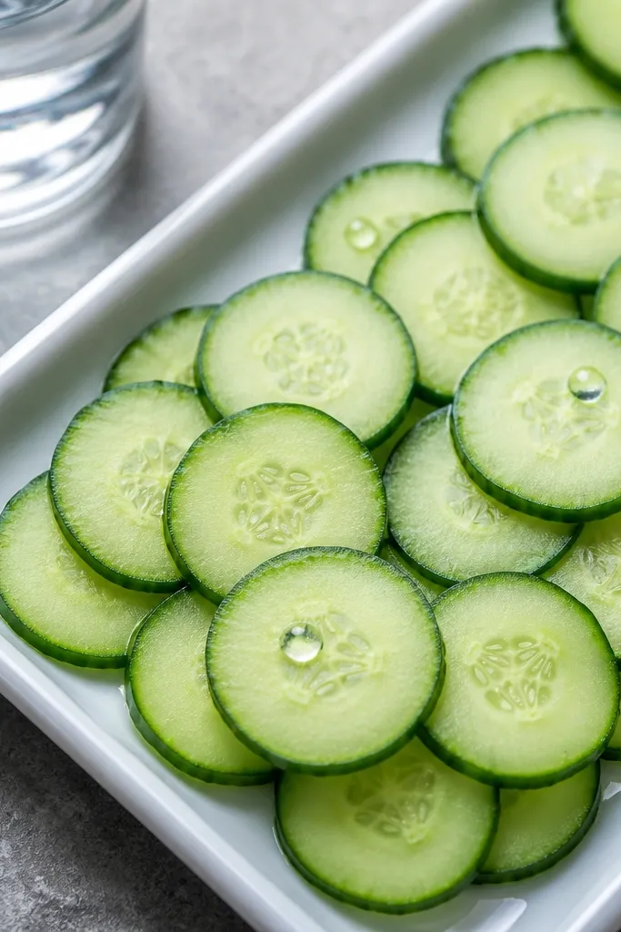 Green cucumber slices with faint ridges and tiny water drop highlights