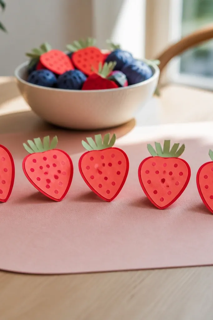 Red strawberry halves with tiny yellow seed dots and green tops