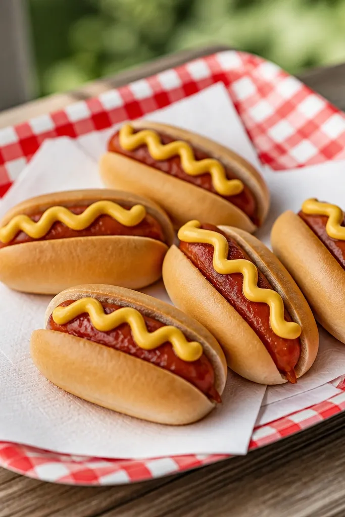 Mini paper hot dogs with pale bun and mustard zigzag lines