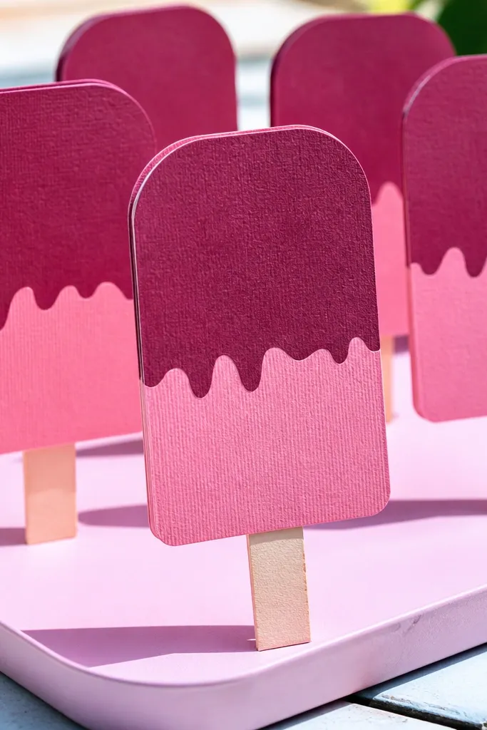 Paper popsicles with purple-red berry layers and a wooden stick base