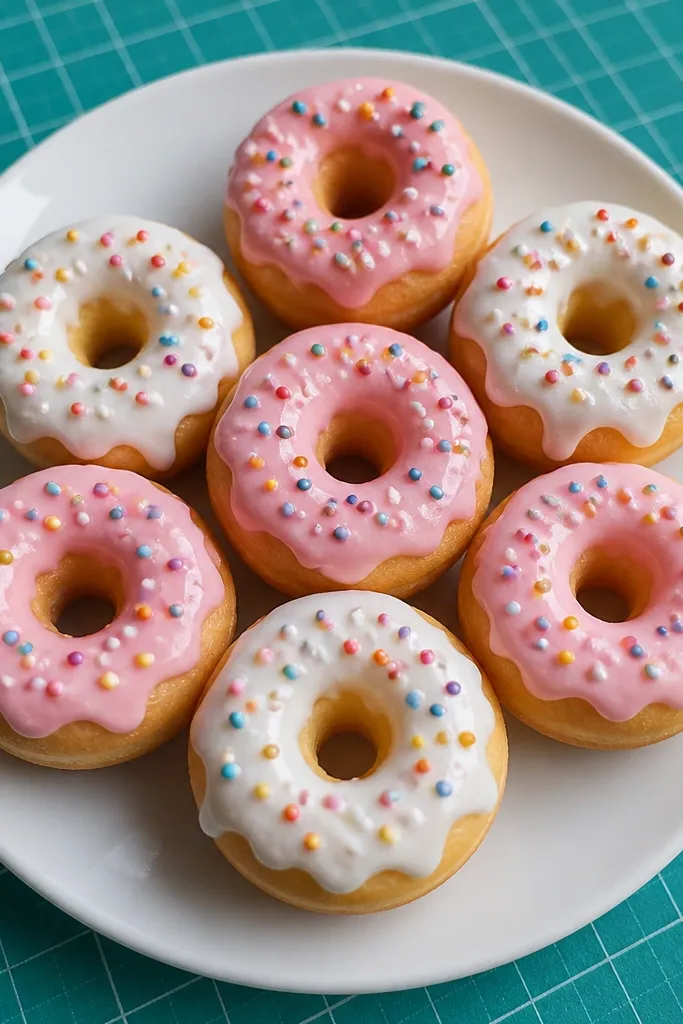 Mini paper donuts with white icing ring and colorful sprinkle dots