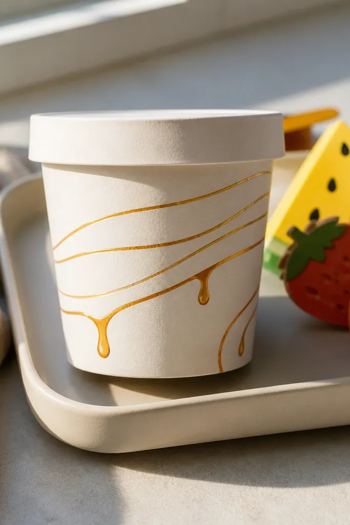 Small yogurt cup with pale top and golden honey drizzle lines