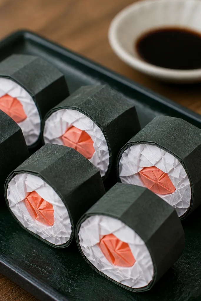 Paper sushi rolls with dark nori stripes and pink filling