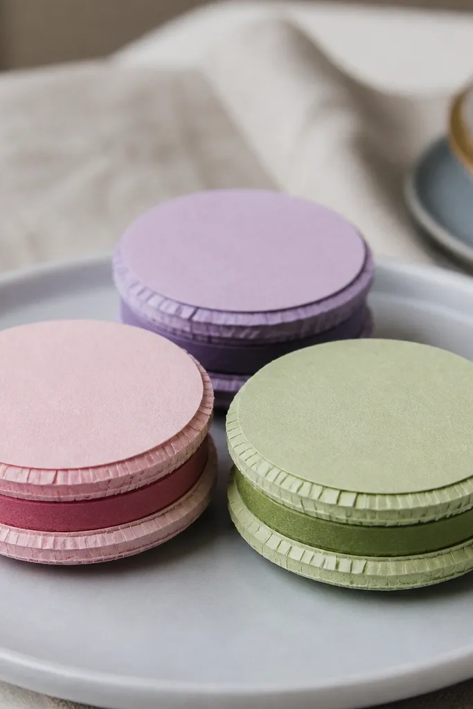 Three paper macarons with pastel shells and darker filling dots