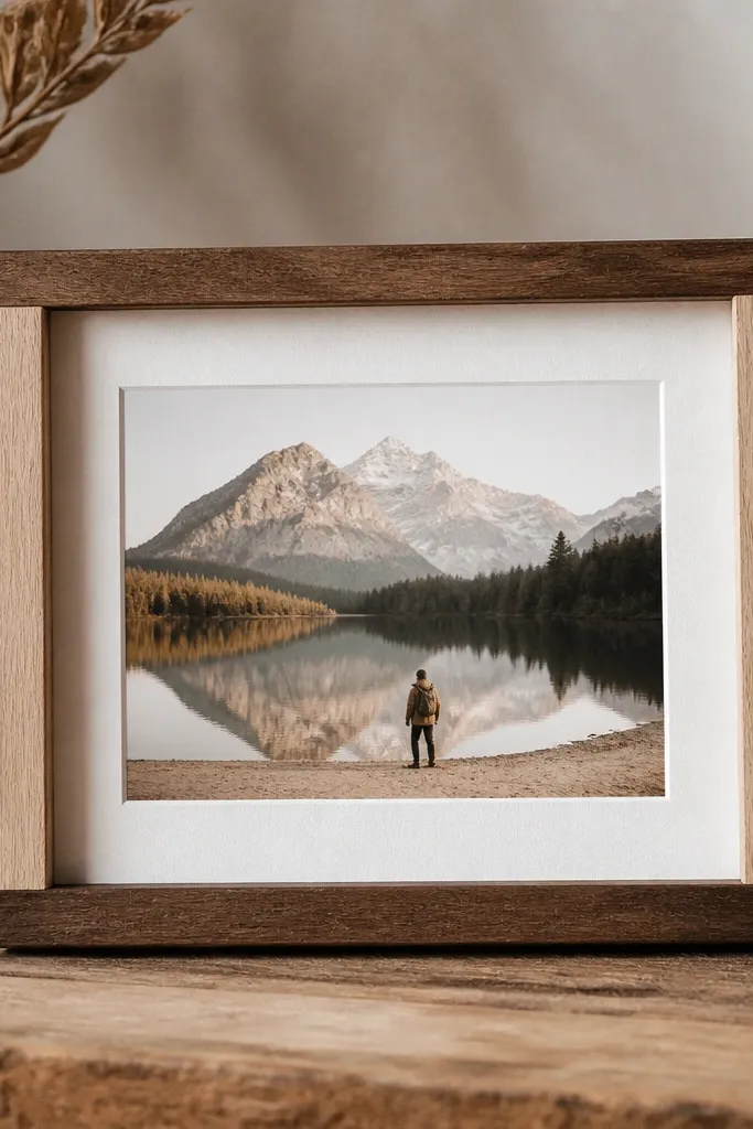 A small rectangular frame made from two stained wood strips and two lighter strips. The photo is mounted on a thick cardboard insert, and the front is left open with a thin paper liner around the image.
