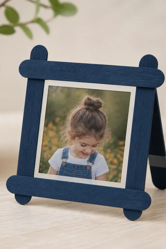 A small frame made from popsicle sticks painted a deep navy with a lighter border strip around the center photo. The photo is held by a clear tape hinge at the back.