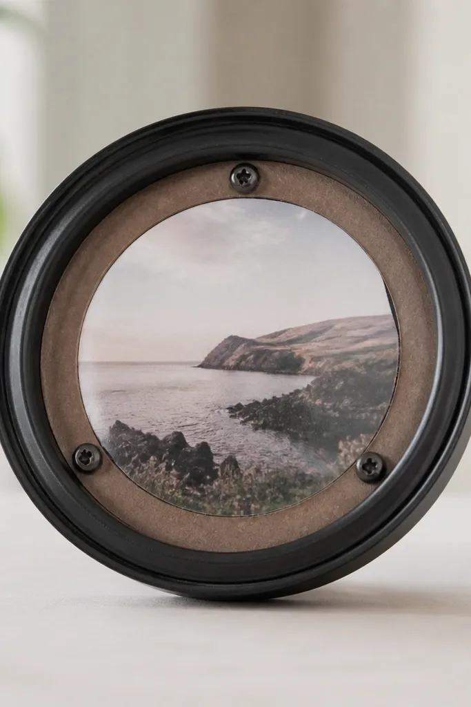 A circular mason jar lid spray-painted matte black with a tiny photo centered under clear plastic. The back is held by a thin cardboard ring and a few small screws.