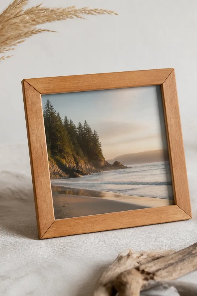 A small square frame made from coffee stirrers stained honey-brown. The photo sits behind a thin clear sheet, and the corners are joined with neat miter cuts.