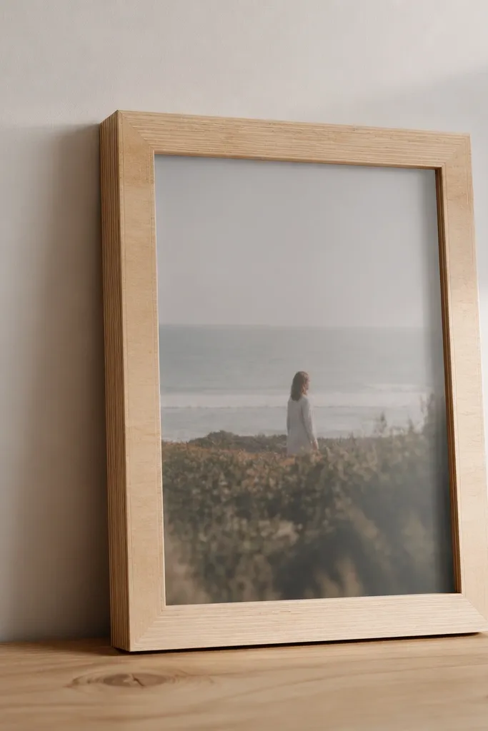 A rectangle frame carved from plywood with a clean inner lip that holds a frosted acrylic sheet. The photo sits behind the cover, and the plywood grain is visible with a clear matte finish.