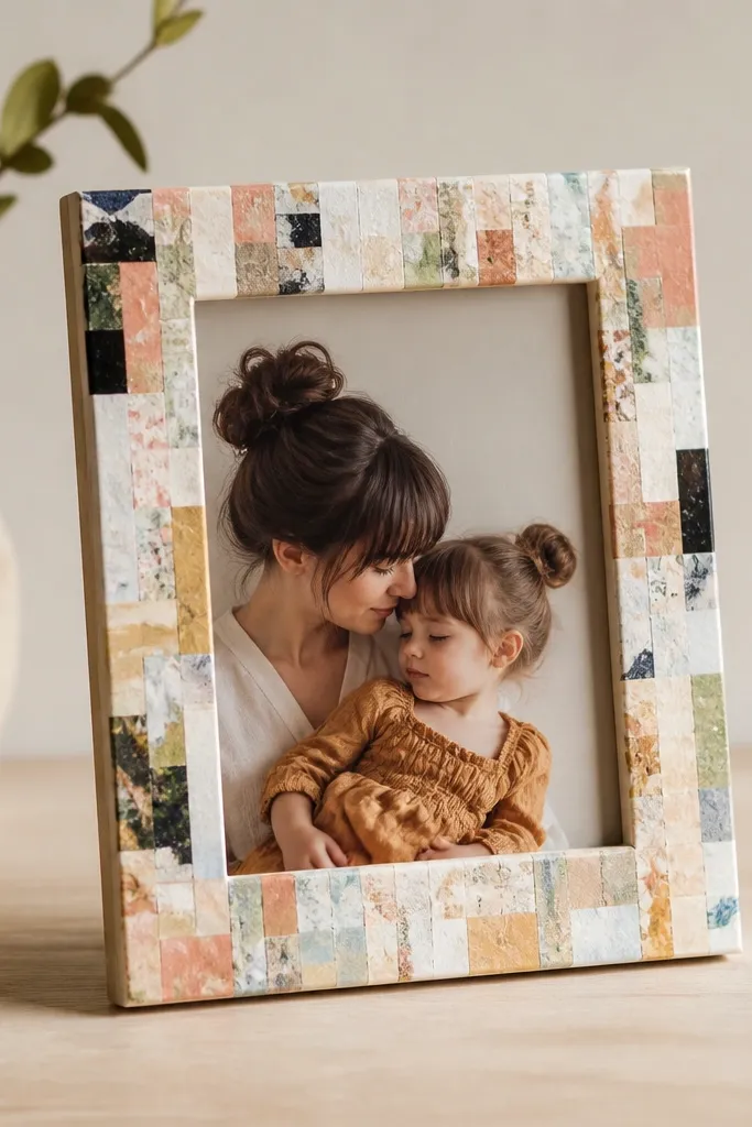 A wooden frame covered with decoupage strips from a magazine, with the surface sealed smooth. A clear acrylic sheet sits over the photo, and the edges look glossy and even.