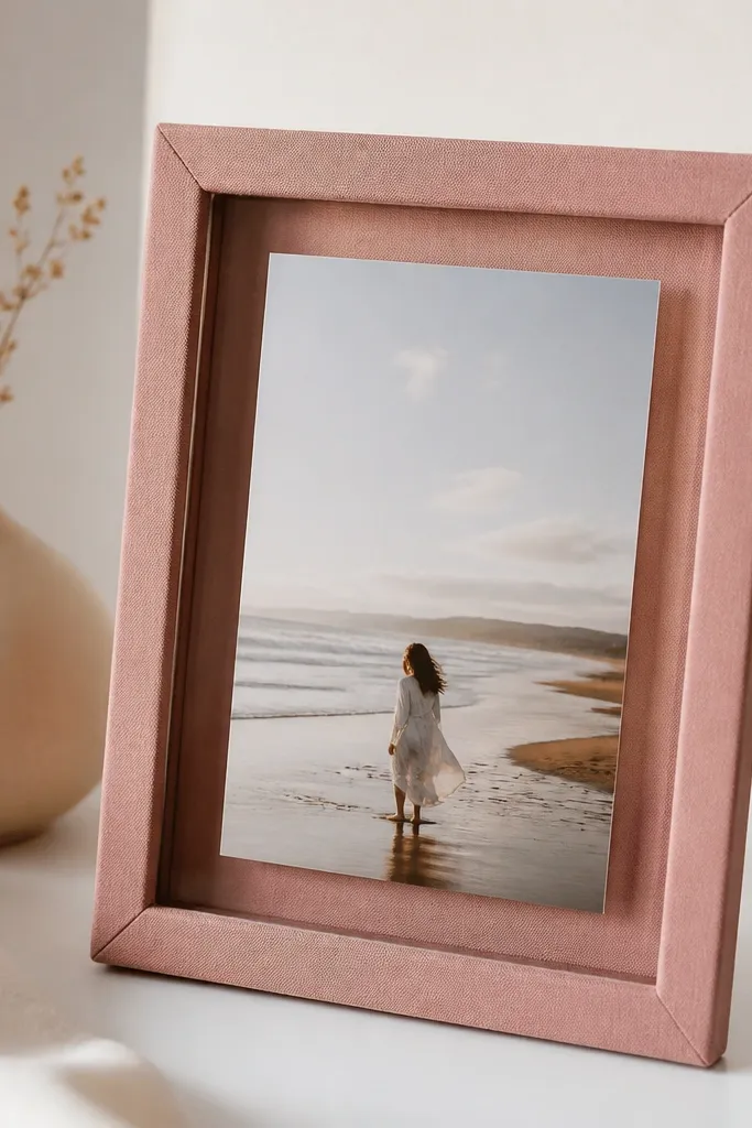 A fabric-wrapped frame in dusty rose with a visible inner pocket where the photo floats. The cover is a clear plastic sheet, and the back uses a fabric-covered cardboard panel.