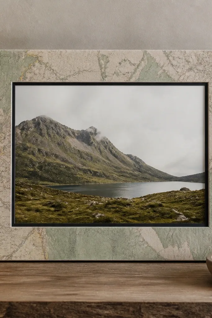 A frame covered in toned-down map paper with faded greens and beige. The photo has a slim black mat border, and the cover is clear acrylic with a slight anti-glare finish.